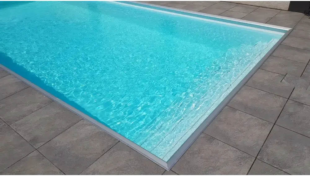 Pooltime Exclusive 12mm rektangulär PP-pool 4x12x1 med turkost vatten och silverkant